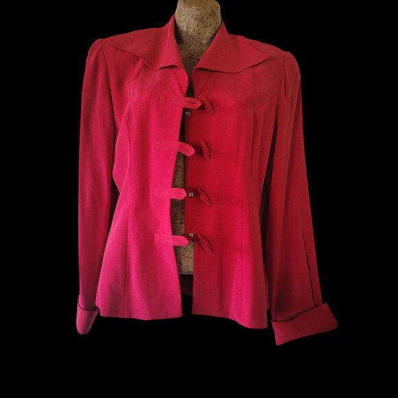 Vtg Silk Red Long-Sleeve Blazer With Knot Button Closures & Wide Collar - Picture 1 of 16